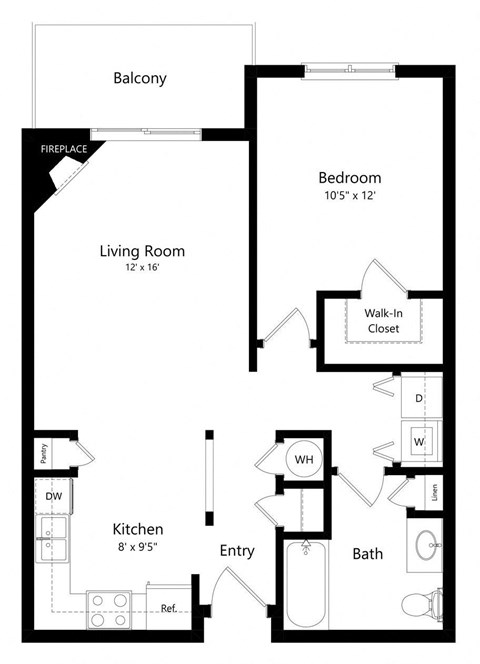 Floor plan for 1 bed, 1 bath, 724 sqft
